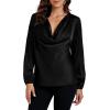 imageLYANER Womens Satin Silky Cowl Neck Drape Ruched Front Long Sleeve Blouse Shirt TopSolid Black