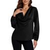 imageLYANER Womens Satin Silky Cowl Neck Drape Ruched Front Long Sleeve Blouse Shirt TopSolid Black