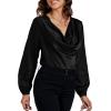 imageLYANER Womens Satin Silky Cowl Neck Drape Ruched Front Long Sleeve Blouse Shirt TopSolid Black
