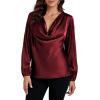imageLYANER Womens Satin Silky Cowl Neck Drape Ruched Front Long Sleeve Blouse Shirt TopSolid Dark Purple