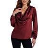 imageLYANER Womens Satin Silky Cowl Neck Drape Ruched Front Long Sleeve Blouse Shirt TopSolid Dark Purple