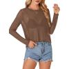 imageLYANER Womens Sheer Mesh Long Sleeve Round Neck Sexy See Through Blouse Shirt TopLight Brown