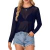 imageLYANER Womens Sheer Mesh Long Sleeve Round Neck Sexy See Through Blouse Shirt TopNavy Blue