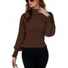 imageLYANER Womens Shirred Frill Mock Neck Smocked Puff Long Sleeve Blouse TopBrown