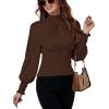 imageLYANER Womens Shirred Frill Mock Neck Smocked Puff Long Sleeve Blouse TopBrown