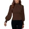 imageLYANER Womens Shirred Frill Mock Neck Smocked Puff Long Sleeve Blouse TopBrown
