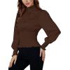 imageLYANER Womens Shirred Frill Mock Neck Smocked Puff Long Sleeve Blouse TopBrown