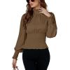 imageLYANER Womens Shirred Frill Mock Neck Smocked Puff Long Sleeve Blouse TopCamel