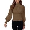 imageLYANER Womens Shirred Frill Mock Neck Smocked Puff Long Sleeve Blouse TopCamel