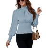 imageLYANER Womens Shirred Frill Mock Neck Smocked Puff Long Sleeve Blouse TopDusty Blue