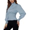 imageLYANER Womens Shirred Frill Mock Neck Smocked Puff Long Sleeve Blouse TopDusty Blue