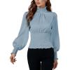 imageLYANER Womens Shirred Frill Mock Neck Smocked Puff Long Sleeve Blouse TopDusty Blue