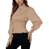 imageLYANER Womens Shirred Frill Mock Neck Smocked Puff Long Sleeve Blouse TopLight Khaki