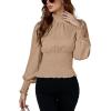 imageLYANER Womens Shirred Frill Mock Neck Smocked Puff Long Sleeve Blouse TopLight Khaki