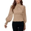 imageLYANER Womens Shirred Frill Mock Neck Smocked Puff Long Sleeve Blouse TopLight Khaki