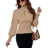 imageLYANER Womens Shirred Frill Mock Neck Smocked Puff Long Sleeve Blouse TopLight Khaki