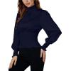 imageLYANER Womens Shirred Frill Mock Neck Smocked Puff Long Sleeve Blouse TopNavy Blue