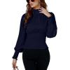 imageLYANER Womens Shirred Frill Mock Neck Smocked Puff Long Sleeve Blouse TopNavy Blue