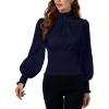imageLYANER Womens Shirred Frill Mock Neck Smocked Puff Long Sleeve Blouse TopNavy Blue