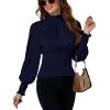 imageLYANER Womens Shirred Frill Mock Neck Smocked Puff Long Sleeve Blouse TopNavy Blue