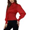 imageLYANER Womens Shirred Frill Mock Neck Smocked Puff Long Sleeve Blouse TopRed