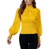 imageLYANER Womens Shirred Frill Mock Neck Smocked Puff Long Sleeve Blouse TopYellow