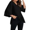 imageLYANER Womens V Neck Asymmetrical Hem Bell Long Sleeve Swing Chiffon Blouse Shirt TopsBlack