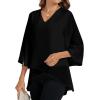 imageLYANER Womens V Neck Asymmetrical Hem Bell Long Sleeve Swing Chiffon Blouse Shirt TopsBlack