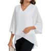 imageLYANER Womens V Neck Asymmetrical Hem Bell Long Sleeve Swing Chiffon Blouse Shirt TopsWhite