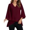 imageLYANER Womens V Neck Asymmetrical Hem Bell Long Sleeve Swing Chiffon Blouse Shirt TopsWine Red
