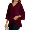 imageLYANER Womens V Neck Asymmetrical Hem Bell Long Sleeve Swing Chiffon Blouse Shirt TopsWine Red