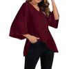 imageLYANER Womens V Neck Asymmetrical Hem Bell Long Sleeve Swing Chiffon Blouse Shirt TopsWine Red
