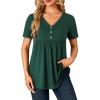 imageLYANER Womens Casual Flowy Tunic Tops V Neck Short Sleeve Button Up Pleated Shirt BlouseDark Green