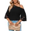 imageLYANER Womens Cold Shoulder Mesh Panel 34 Bell Sleeve Casual Top Blouse ShirtBlack