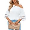 imageLYANER Womens Cold Shoulder Mesh Panel 34 Bell Sleeve Casual Top Blouse ShirtWhite