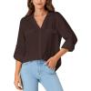 imageLYANER Womens Lapel Button Down Blouse Rolled Up Sleeve Dressy Shirt Work Office Casual TopDark Brown