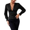 imageLYANER Womens Low Cut Strenchy Elastic Waist Ruched Long Sleeve Blouse Shirt TopBlack