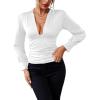 imageLYANER Womens Low Cut Strenchy Elastic Waist Ruched Long Sleeve Blouse Shirt TopWhite