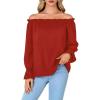 imageLYANER Womens Off Shoulder Ruffle Long Lantern Sleeve Ruched Casual Loose Tops Blouse ShirtRed