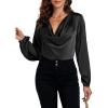 imageLYANER Womens Satin Silky Cowl Neck Drape Ruched Front Long Sleeve Blouse Shirt TopBlack