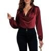 imageLYANER Womens Satin Silky Cowl Neck Drape Ruched Front Long Sleeve Blouse Shirt TopSolid Dark Purple
