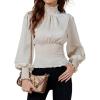 imageLYANER Womens Shirred Frill Mock Neck Smocked Puff Long Sleeve Blouse TopBeige