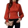 imageLYANER Womens Shirred Frill Mock Neck Smocked Puff Long Sleeve Blouse TopDark Orange