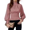 imageLYANER Womens Shirred Frill Mock Neck Smocked Puff Long Sleeve Blouse TopDusty Pink