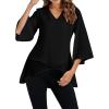 imageLYANER Womens V Neck Asymmetrical Hem Bell Long Sleeve Swing Chiffon Blouse Shirt TopsBlack
