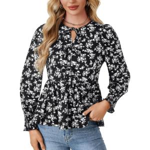 imageLYANER Womens Babydoll Peplum Blouse Bow Tie Front Long Sleeve Floral Print Smock TopsBlack