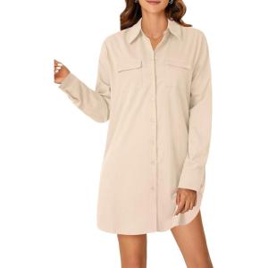 imageLYANER Womens Button Down Shirt Dresses Collared Long Sleeve Slit Tunic Blouse Tops with PocketsBeige