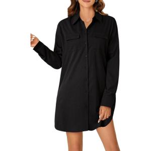 imageLYANER Womens Button Down Shirt Dresses Collared Long Sleeve Slit Tunic Blouse Tops with PocketsBlack