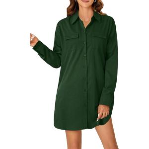 imageLYANER Womens Button Down Shirt Dresses Collared Long Sleeve Slit Tunic Blouse Tops with PocketsDark Green