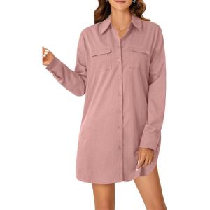 imageLYANER Womens Button Down Shirt Dresses Collared Long Sleeve Slit Tunic Blouse Tops with PocketsDust Pink